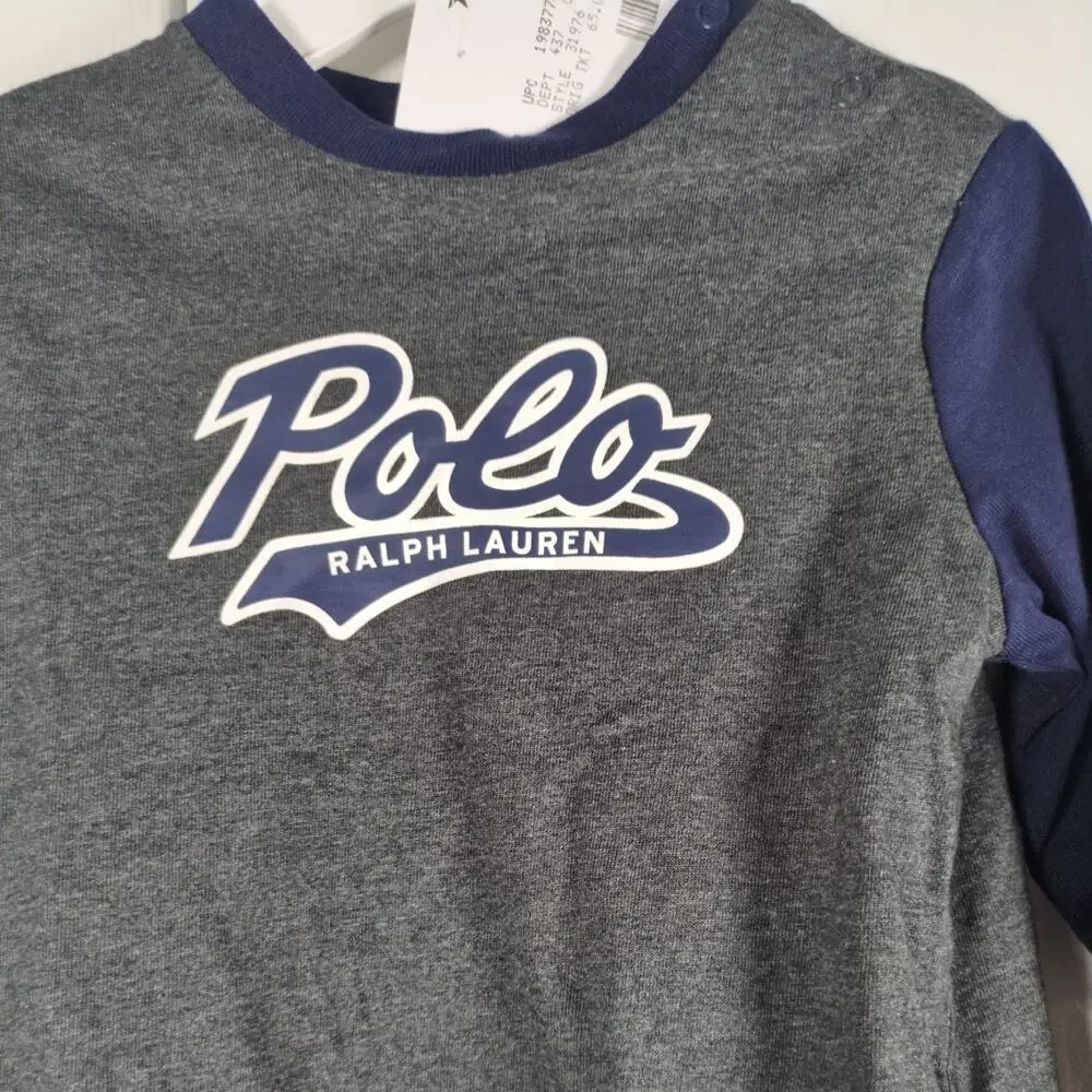 Polo Ralph Lauren Baby Boy Shirt 9M Long Sleeve Gray Blue Script Logo NWT